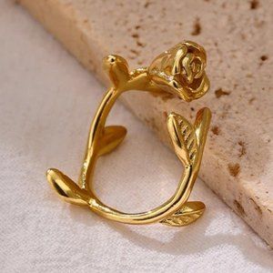 NEW 18K Gold Plated Rose Flower Leaf Resizable Ring